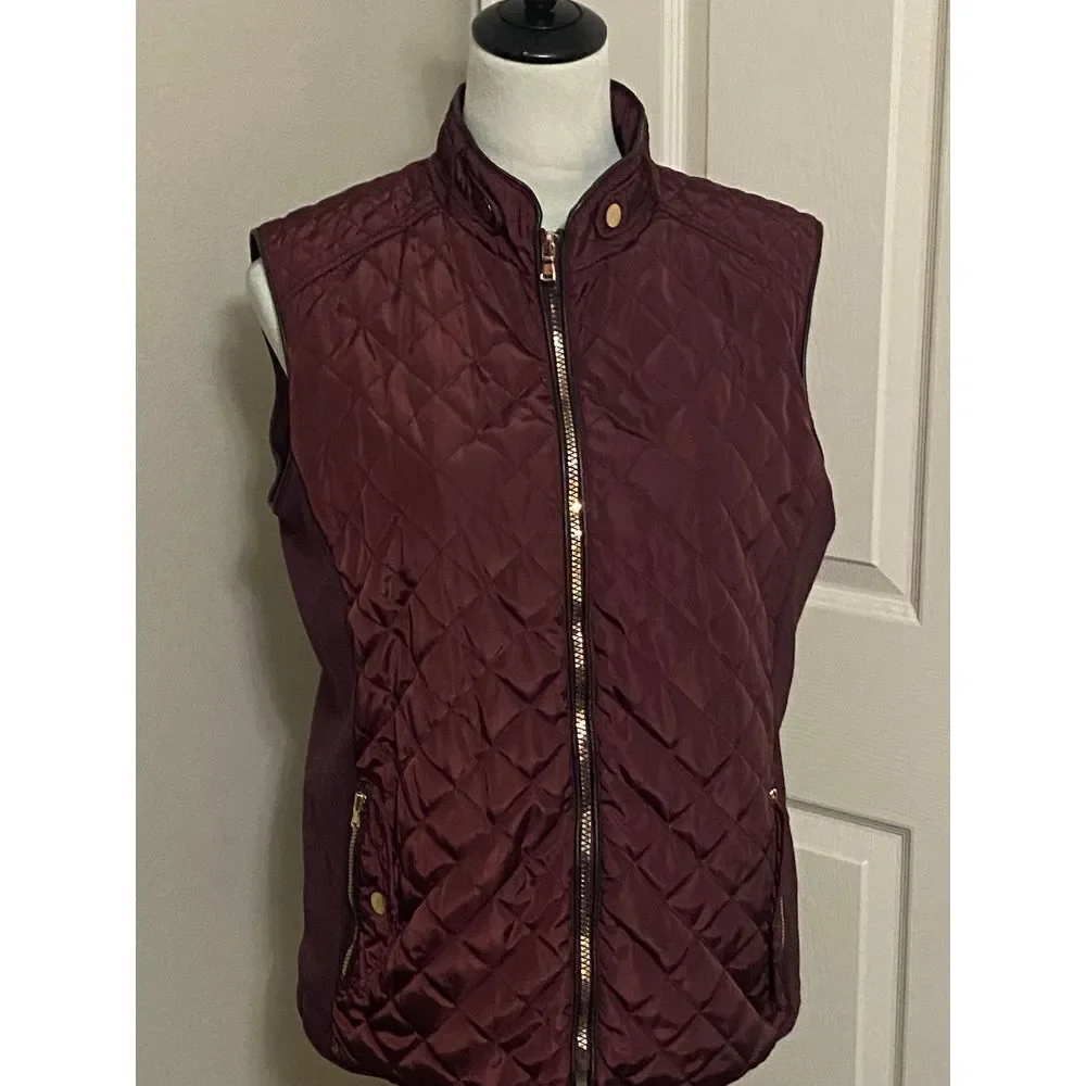 Cavalini Burgundy‎ Quilted Zip-Up Vest Women's Outerwear Sleeveless Jacket